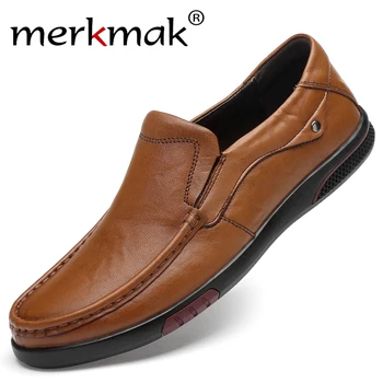 

Merkmak 2020 Genuine Leather Men's Casual Shoes Brand New Mens Loafers Flats Breathable Slip on Driving Shoes Plus Size 38-45