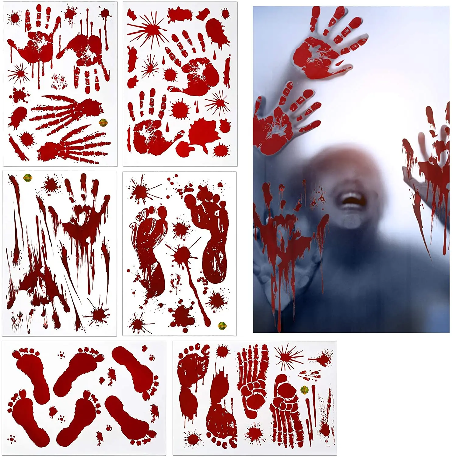 METABLE 60 sheets Handprints Footprints Clings Window Stickers Horror Bathroom Vampire Bloodstain for Halloween Party Decoration | Дом и сад