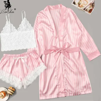 

Leechee Women Robe Set Bathrobe+Top+Shorts 3 Pcs pyjamas Striped Satin Summer Sleepwear Lace Nightwear Pink Sexy Dressing gowns
