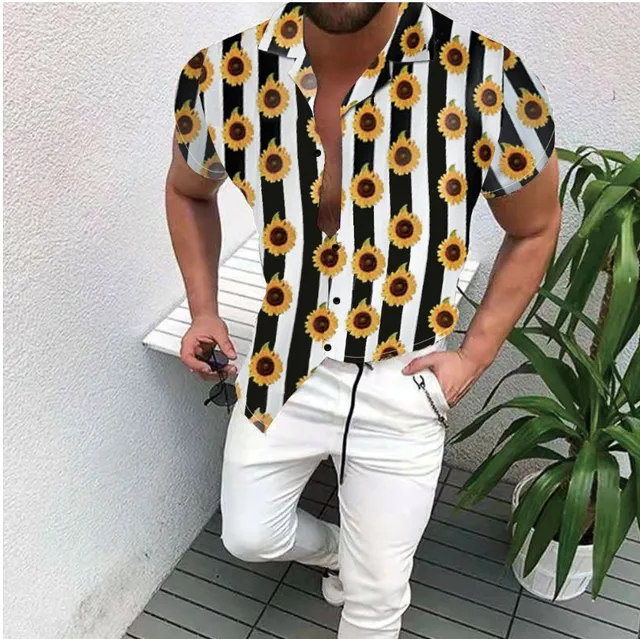 Fashion Nation Style Summer Man's Shirt 3D Printing Stand Collar Single-Breasted Short Sleeve Loose Hawaiian Henley Casual Shirt Short Black Yellow