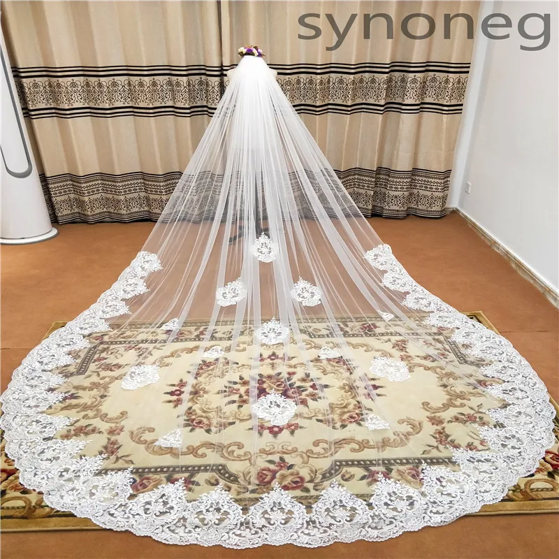 

Real Photo 3m One Layer Wedding Veil With Comb White Lace Edge Bridal Veils 5m Ivory Cathedral Wedding Veil