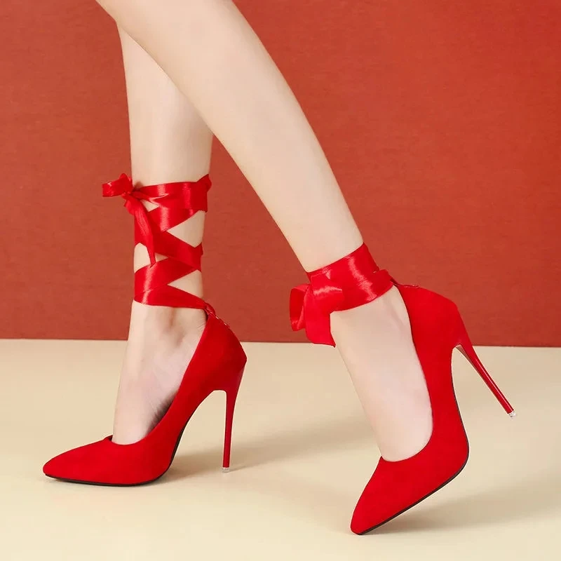 Aphixta 2025 Super High Stiletto Heels Webbing Pimp Pumps Women Shoes 12cm Pointed Toe Office Flock Ribbon Female Pumps