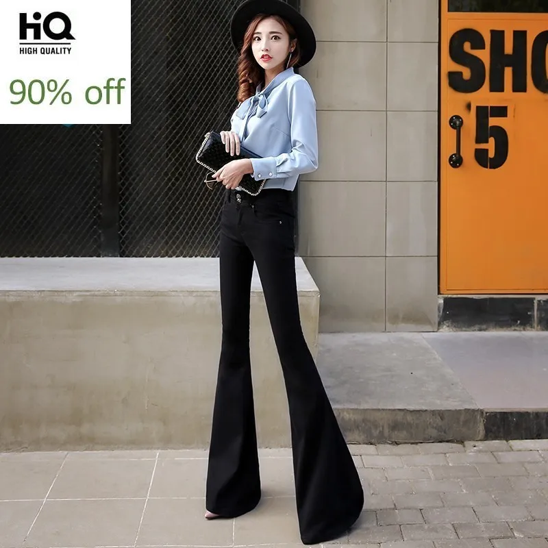 

Vintage High Waist Black Autumn Winter Women Flares Pants Slim Fit Full Length Fashion Streetwear Stretch Female Denim Trousers