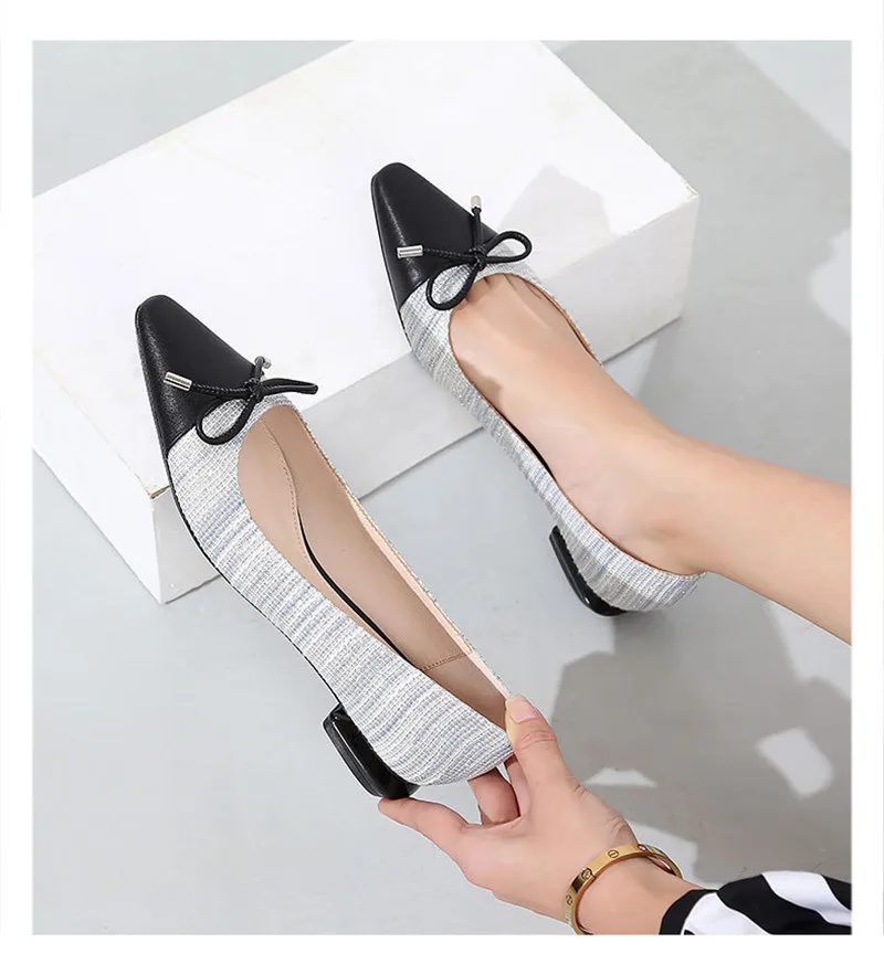 Plus Size 35-41 Women Pumps Shoes Korean Bow Mixed Color Single Office Lady Work Shoes Slip On 2CM Low-Heeled Pumps Women Shoes (15)