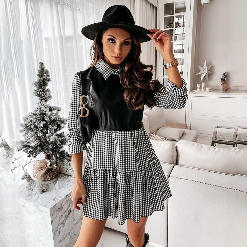 DSZ  Casual Long Sleeve Mini Dress For Women White Spring Plaid PU Leather Patchwork  Fashion Woman Dresses for New Year 2022 plus size dresses