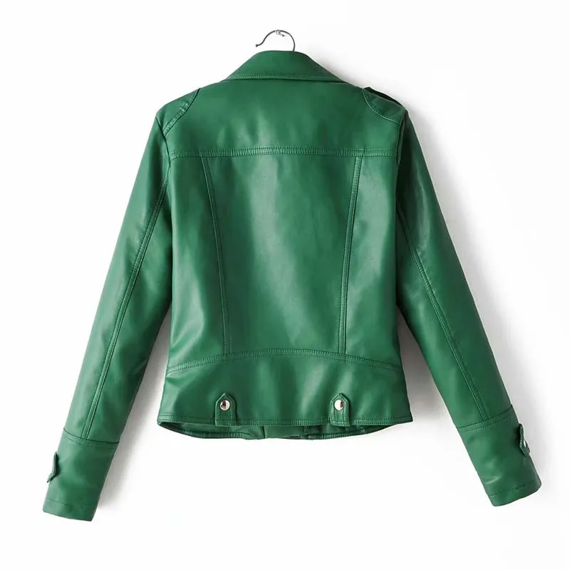 Autumn Winter Green Women PU jacket Slim Motorcycle Faux leather jackets Long sleeve Girls Female Solid Outwear YNZZU YO945