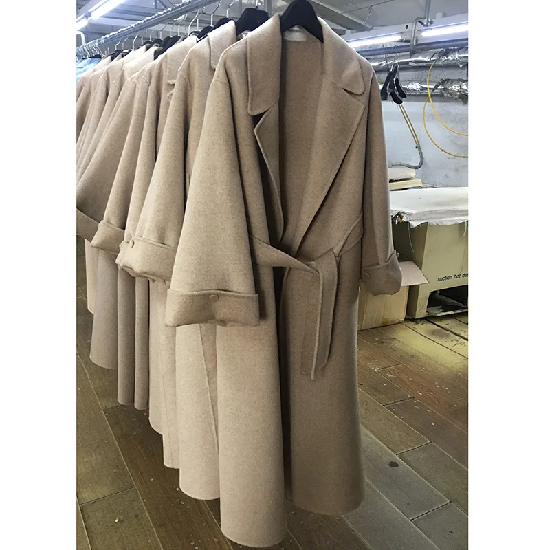 khaki Новинка зимы Высококачественная Роскошная модная шерстяная 90% ручная работа пальто элегантное женское двустороннее шерстяное длинное пальто с поясом - Цвет: khaki