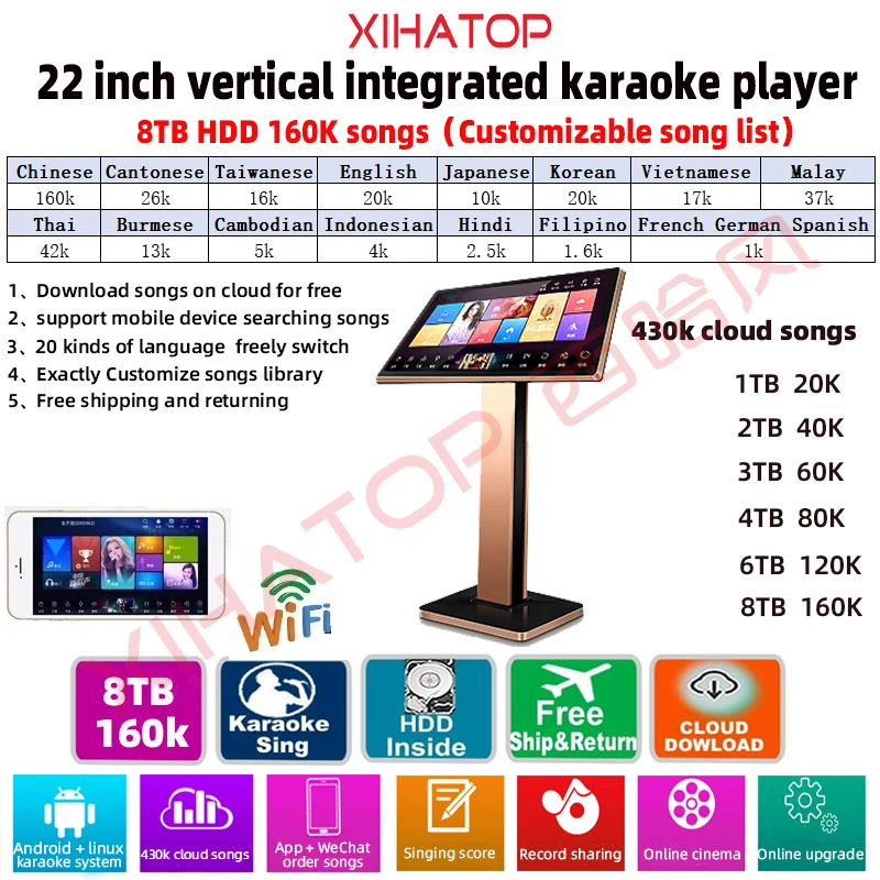 XIHATOP 22 inch karaoke home system machine, 8TB HDD 160,000 songs, entertainment bar, club KTV, party, home singing jukebox - ANKUX Tech Co., Ltd