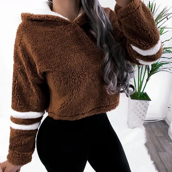 

Puimentiua Long Sleeve Solid Cropped Hoodie Women Autumn Winter Pullover Short Sweatshirt 2019 Plush Faux Fur Fluffly Sweatshirt