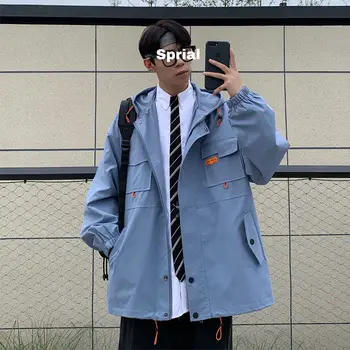 

2020 Men's Fashion Trend Hooded Bomber Jacket Streetwear Windbreaker Hip Hop Clothes Coats Blue/black Color Outerwear S-2XL