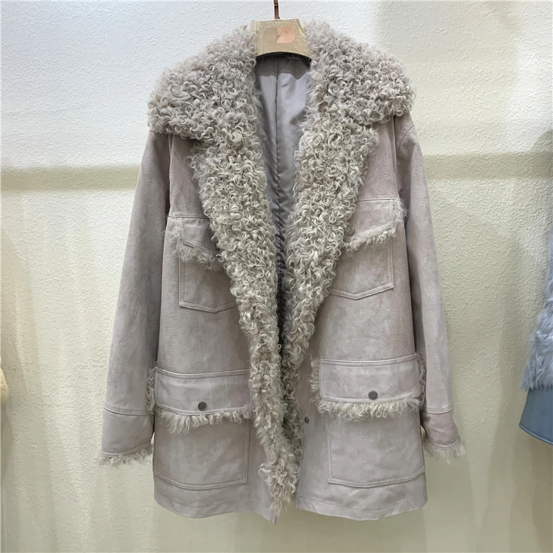 PUDI B401706 Женское зимнее длинное пальто из натуральной кожи для отдыха леди пальто из натурального овечьего меха куртка пальто - Цвет: grey