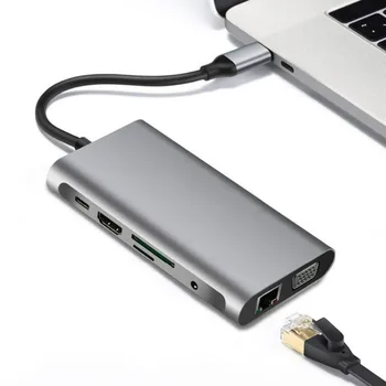 

10 in 1 USB-C HUB Type C HUB to USB 3.0 Thunderbolt 3 HDMI 3.5mm Audio RJ45 Adapter for MacBook Pro Samsung Galaxy S9 USB C HUB