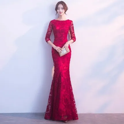 

2020 Hot Sale Halter Half Satin Fish Tail Toast Bride 2020 New Autumn And Winter Long Wedding Party Evening Dress Modern Women