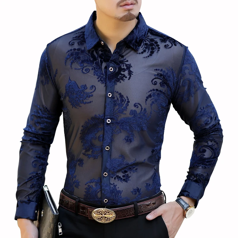Tanie Wypalić męskie czarne aksamitne koszulki granatowy z długim rękawem Casual Party koszule dla mężczyzn Camicia Uomo Elegante Sexy męskie koronkowe koszula 2019