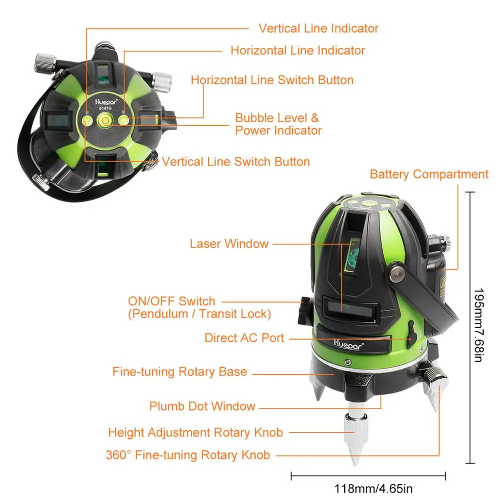 US $103.70 Huepar MultiLine Laser Level Green Beam Selfleveling Four Vertical and One Horizontal Lines with Down Plumb Dot Laser Tool