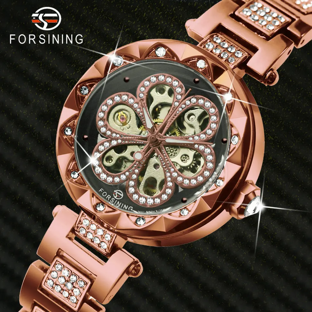 

FORSINING Fashion Women Automatic Watch Stainless Steel Bracelet Luxury Crystal Ladies Watches Rose Gold Mechanical Wristwatch