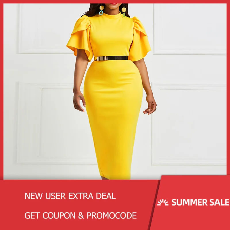 Женское офисное платье желтое с рюшами на молнии летнее облегающее средней длины