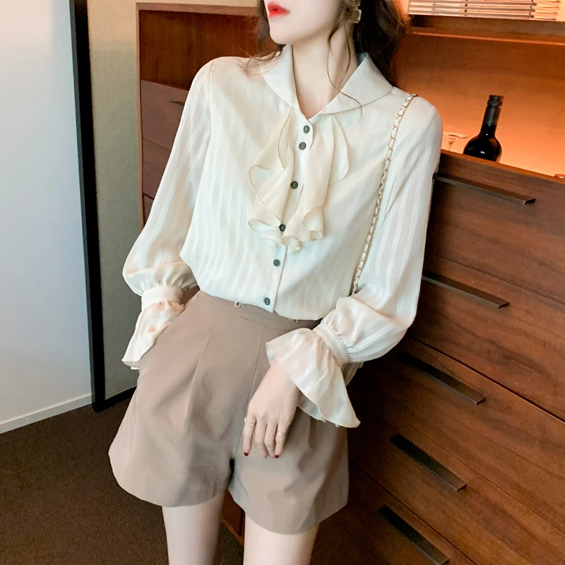 Женская шифоновая рубашка с рукавами-лепестками, весна-осень 2021, французская рубашка в стиле ретро, модные блузки с лацканами и гофрированное, с пуговицами