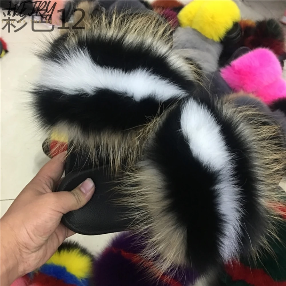 fox fur slippers Женские летние шлепанцы с лисьим мехом; пляжные шлепанцы на плоской подошве; Лидер продаж; размеры 36-45 - Цвет: fox fur slippers