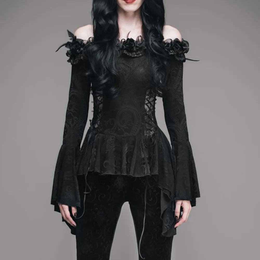 

Sexy One Shoulder Blouse Punk Gothic Women Autumn Winter Trumpet Long Sleeve Dark Retro Princess Palace Lace Bandage Tops