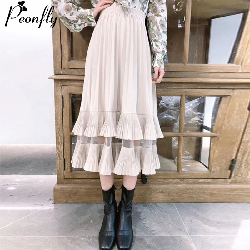 PEONFLY Мода осень зима элегантные плиссированные многоярусные длинные юбки для женщин Корейская Высокая талия плиссированные макси юбки для женщин
