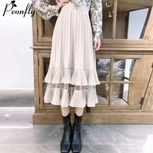 PEONFLY Мода осень зима элегантные плиссированные многоярусные длинные юбки для женщин Корейская Высокая талия плиссированные макси юбки для женщин