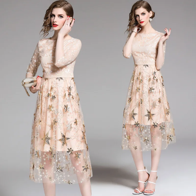 

Photo Shoot-2019 Summer New Style Ozhouzhan Trend WOMEN'S Dress Sequin Embroidered Lace Dress