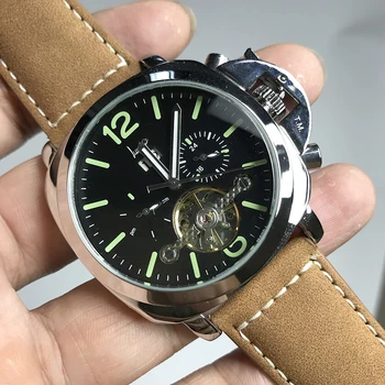 

Skeleton Men Automatic Mechanical Sapphire Stainless Steel Brown Leather strap Matte Bezel Watch Luminous 43mm AAA
