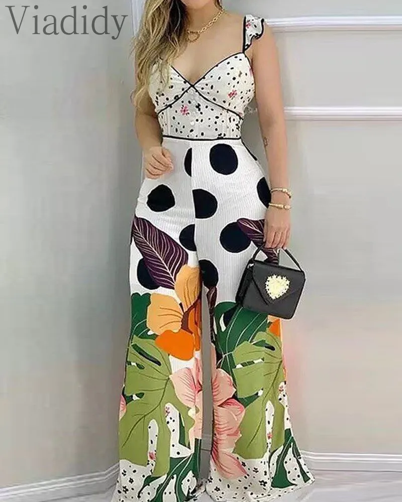 

Women Casual Deep V Neck Ruffles Design Open Back Wide Leg Print Jumpsuit