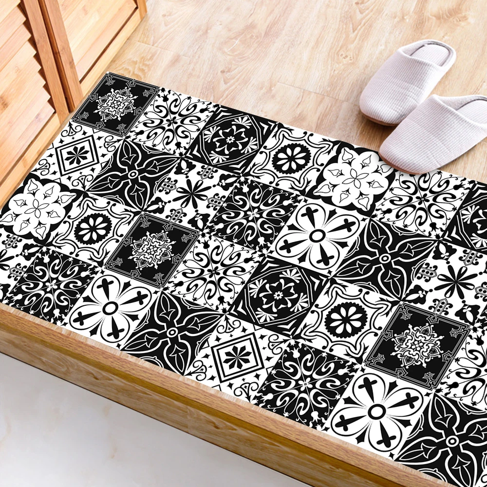 Black & White Pattern Matte Surface Floor Sticker Adhesive Tile Decoration Film For Tiles /Ground in Kitchen Bathroom Non-slip decorative tile stickers
