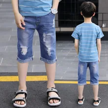 Штаны для мальчиков с дырками, джинсовые шорты до колена, летняя одежда, стиль, модные детские штаны для крупных мальчиков, 5, 12 лет