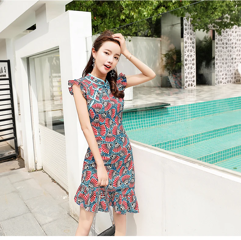 1 шт./партия, в китайском стиле для женщин, повседневный принт, оборки, cheongsam, женский модный Летний шифоновый Чонсам с воротником-стойкой