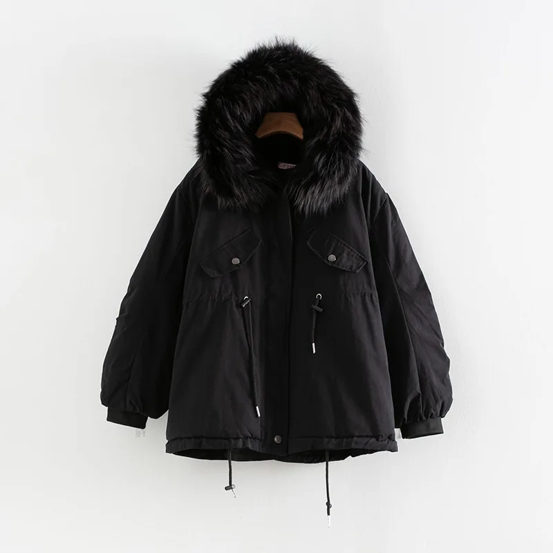 

Plus-sized WOMEN'S Wadded Jacket 200 Winter New Style Fat Mm Brushed And Thick Large Fur Collar Waist Hugging Hooded Cotton-padd