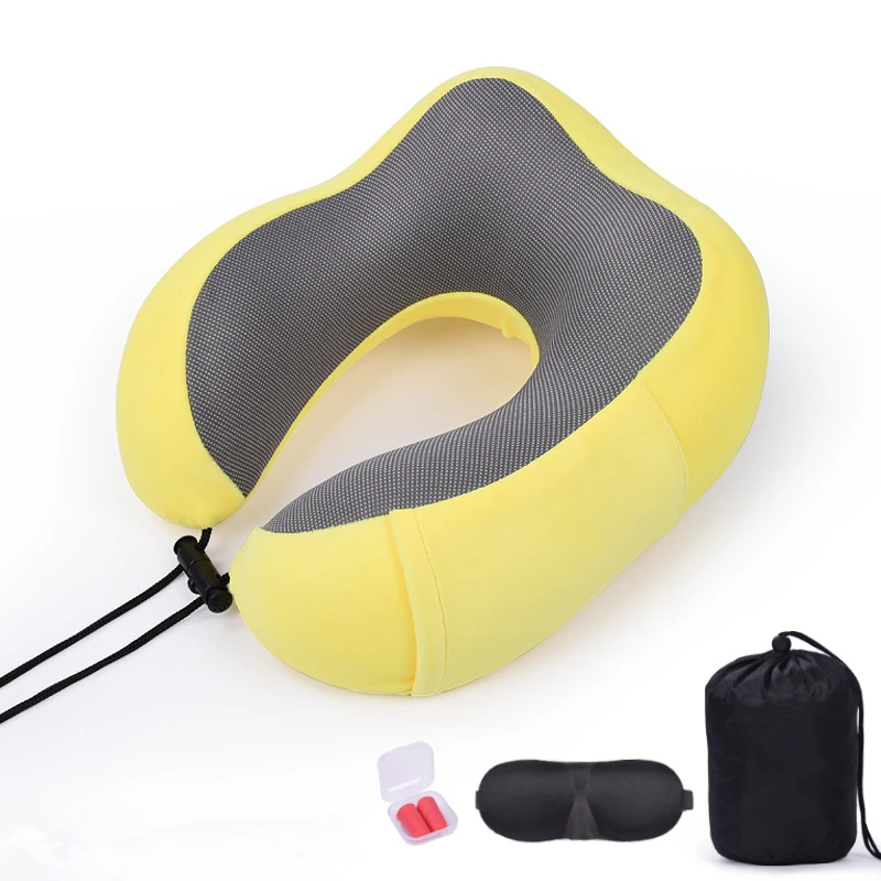 Yellow Set Подушка для путешествий с эффектом памяти, подушка для шеи и шеи, подушка для самолета, автомобиля, офиса, подушки для сна, u-образная подушка для головы, подушка для поддержки подбородка - Цвет: Yellow Set
