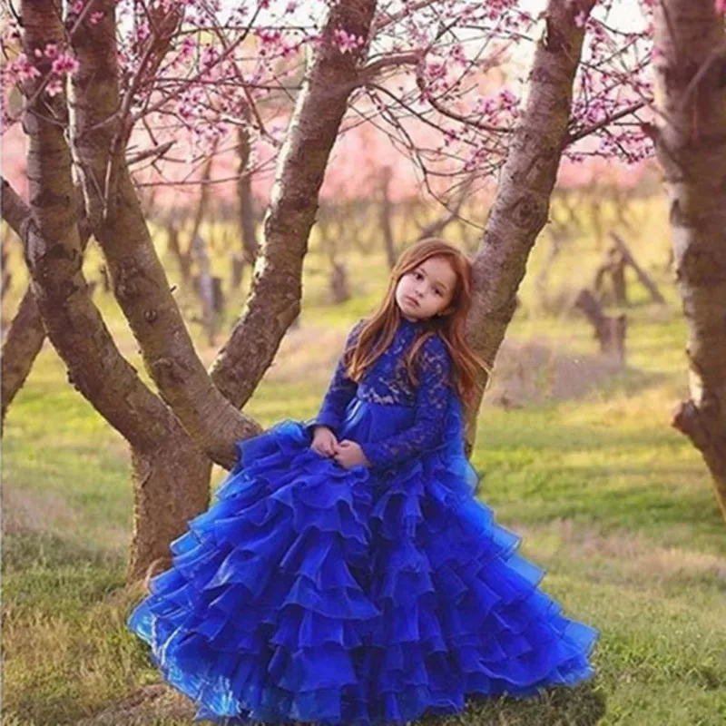 Модные ярко-синие платья с цветочным узором для девочек; кружевное бальное платье с аппликацией для свадьбы; многослойное платье из тюля для маленьких девочек; платья для первого причастия