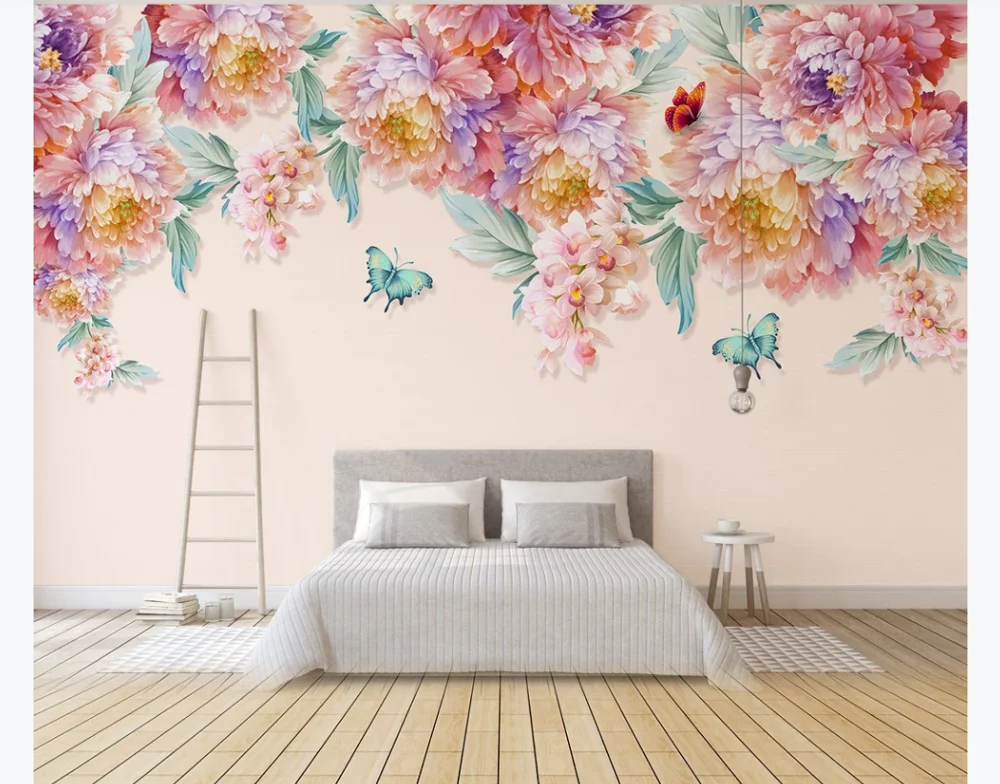 

Custom photo wallpaper mural modern high-definition hand-painted small fresh rose butterfly bedroom mural