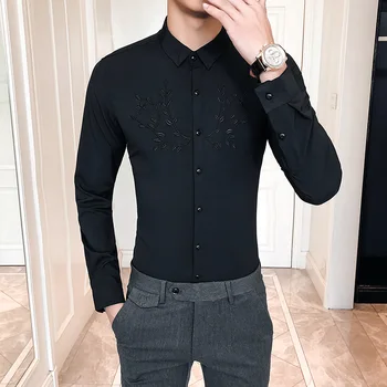 

2020 Spring New Men's Long-sleeved Shirt Korean Business Casual Men's Shirt Olive Branch Embroidered Slim Shirt