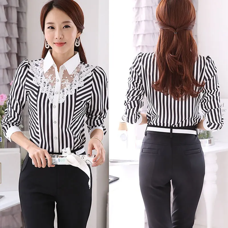 Women Blouses Plus Size Long Sleeve Striped Women Blouse Lace Sexy Casual Womens Top and Blouses Elegant Ladies Office Blouse