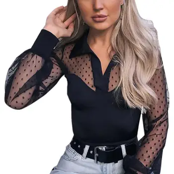 

Hot shirt Women Sexy Dot See-through Mesh Patchwork Long Sleeve Blouse Slim Blouse
