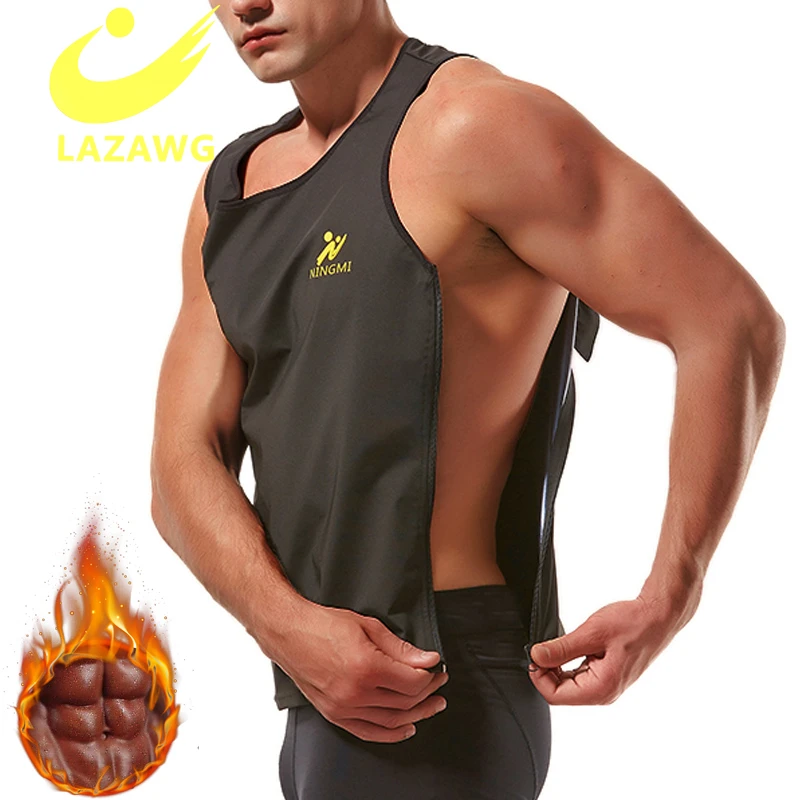 LAZAWG Waist Trainer Sweat Sauna Shirt Slimming Thermo Body Shaper Zipper Fitness Short Sleeve Gym Suit Workout Shirt Tank Top men s stand collar leather jacket white line faux leather pants fitness men body shaper waist trainer corsets zipper slim shirts