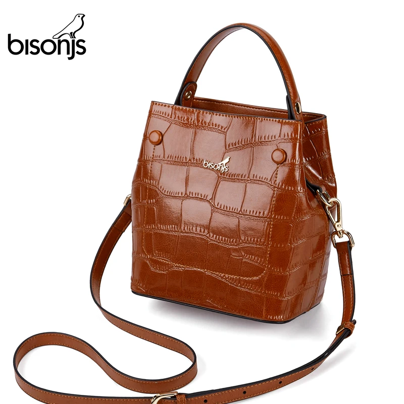  BISON DENIM Genuine Leather Women Bag Luxury Top Handle Tote Bag Female Alligator Pattern Handbag S - 4000321938945