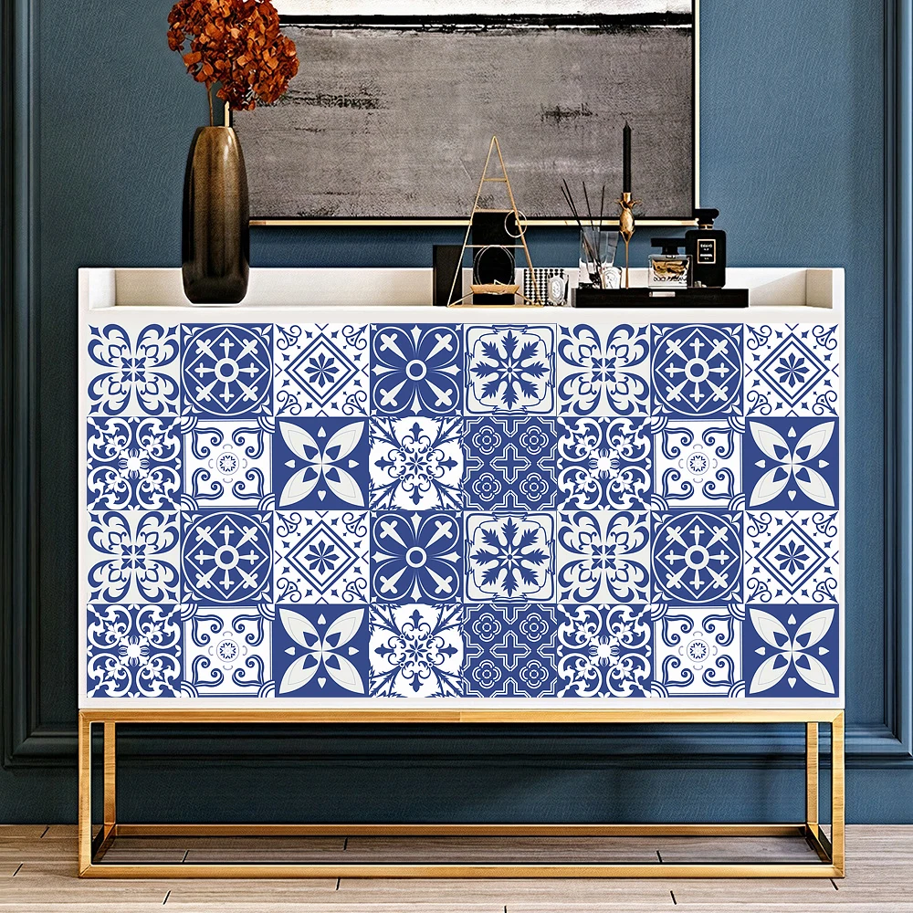 Description Picture 6 of item10/15/20cm Mediterranean Blue Tiles Wall Sticker Kitchen Backsplash Bathroom Wardrobe Peel & Stick Matte Surface Wallpaper