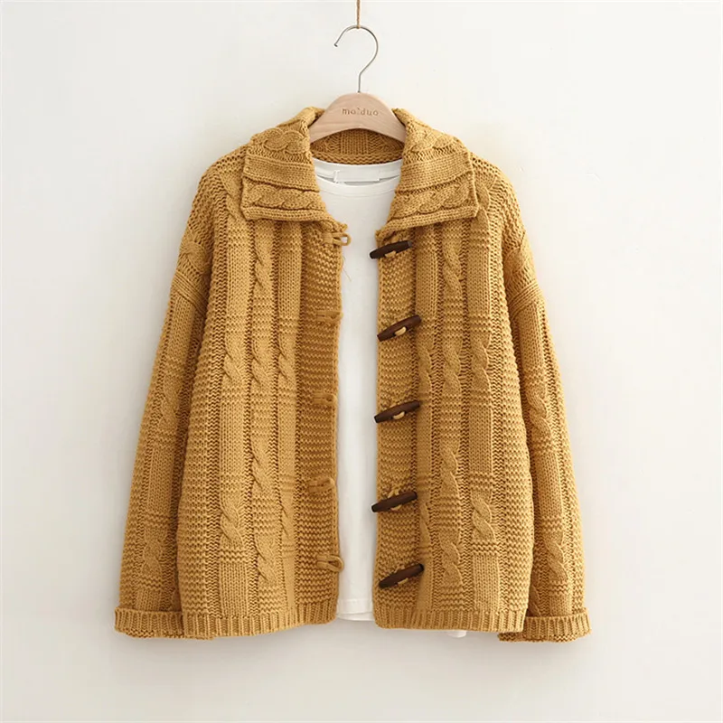 

Korean style Women Sweater Cardigan Button Turn-down Collar Knitted Cardigans Long Sleeve Casual Women Solid Color Loose Sweater