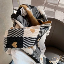 Imitation Cashmere Double-sided Love Plaid Scarf Female Autumn and Winter Korean Version Thickened Warm Big Shawl Student Bib