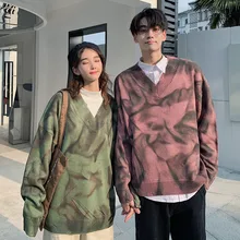 Зимний свитер мужской теплый модный Галстук окрашенный принт Повседневный свитер с v-образным вырезом пуловер Мужской уличная свободный свитер с длинными рукавами