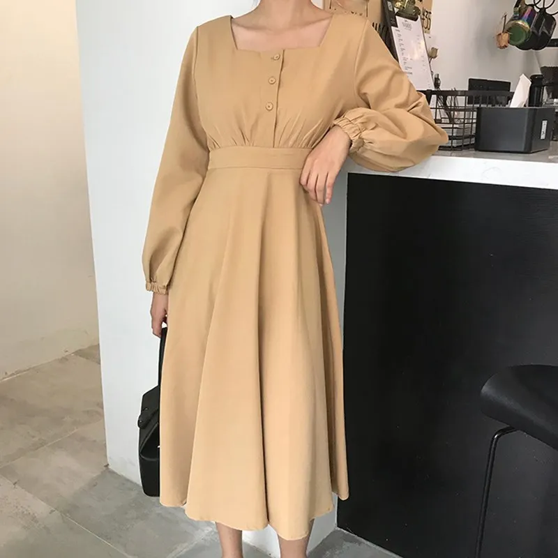 Новые осенние весенние женские винтажные длинные платья с квадратным воротником кнопки в стиле ретро трапециевидные макси платья женская одежда - Цвет: Хаки