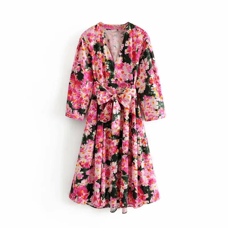 

Stylish Bow Sashes Lace-Up Women Long Dresses Za 2019 Casual Vestidos Vintage Chic Multi Colors Floral Print Dress