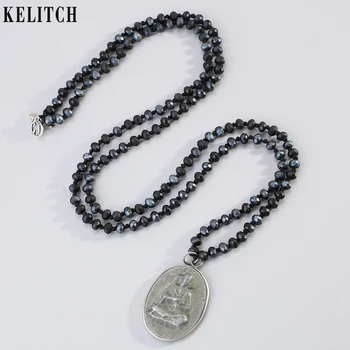 

KELITCH Hand Craved Oval Buddha Pendant Necklace Knotted Crystal Beaded Strand Necklace Charm Long Choker Jewelry For Women 2019