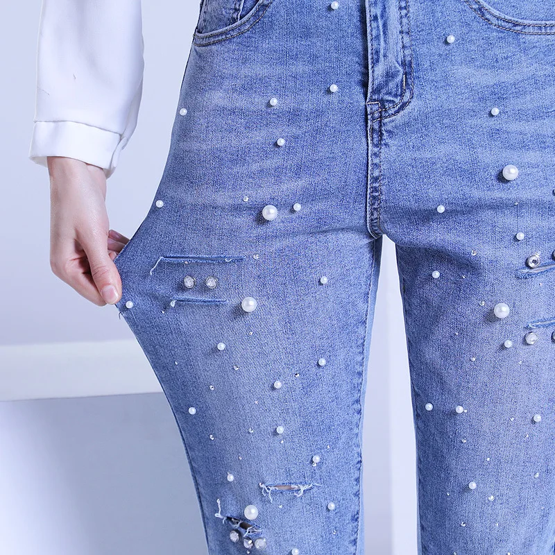 FERZIGE рваные джинсы для женщин slim fit светильник с высокой талией синие тонкие бусины ручной работы эластичные потертые укороченные брюки джинсовые брюки