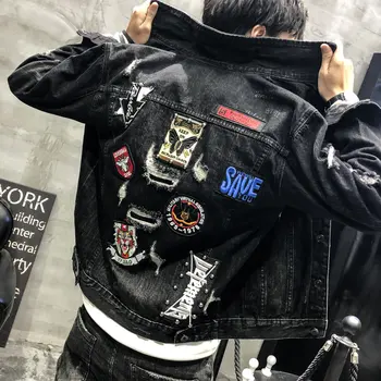 

2020 New Punk Style Novel Embroidered Denim Jacket Men Coat Slim Cotton Jeans for Male Hip Hop High Street Youth Abrigo